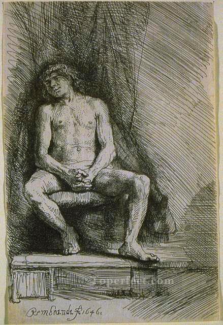 カーテンの前に座る裸の男からの習作 SIL レンブラント油絵